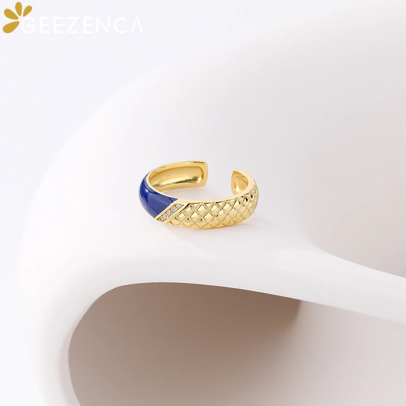 GEEZENCA 925 Silver 5A Zircon Blue Epoxy Simple Open Circle Ring For Women 18K Gold Fish Scale Minimalism Chic Rings 2023 New