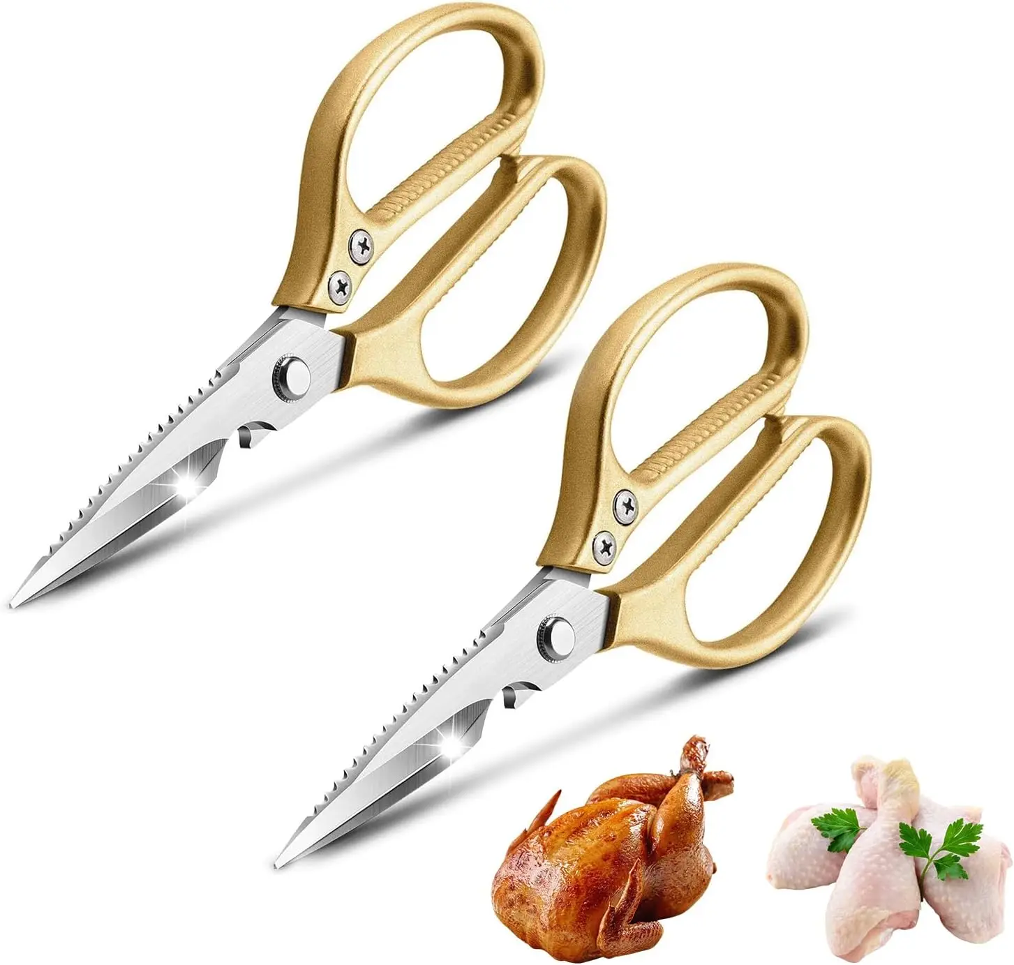 2 Pack Kitchen Scissors 8.5" Stainless Steel Kitchen Shears Heavy Duty Meat Scissors with Extra-Wide Handles, Sharp Gold Cooking