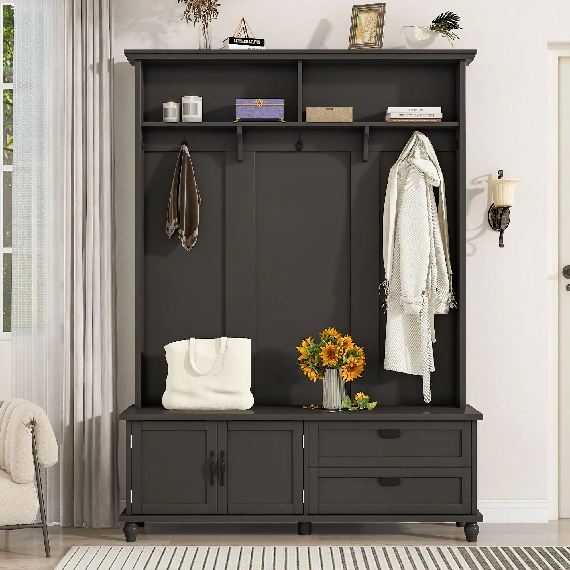 Modern Style Hall Tree with Storage Cabinet 2 Large Drawers Widen Mudroom Bench with 5 Coat Hooks for Entryway Living Room Black