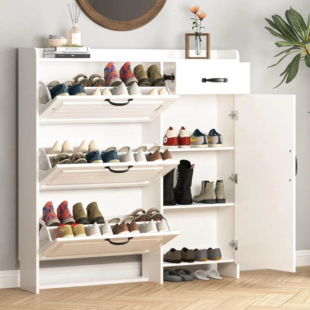 Shoe Cabinet for Entryway, Freestanding Shoe Storage Cabinet with 3 Flip Drawers and Side Cabinet, with Adjustable Shelves