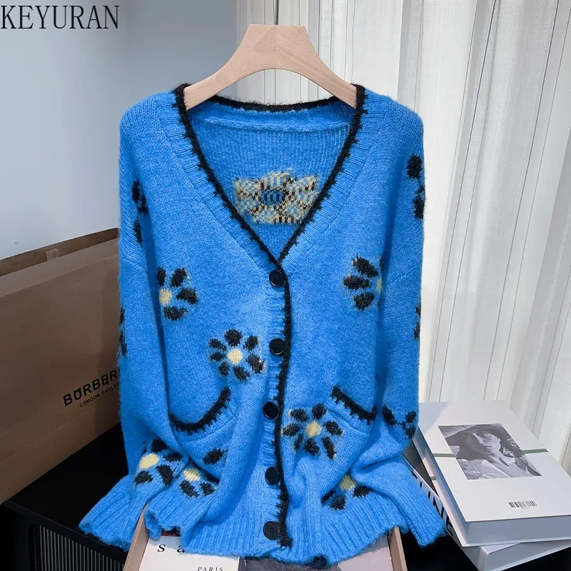

Цветочный жаккардовый свитер в ленивом стиле с v-образным вырезом для женщин, осень-зима 2022, новый винтажный повседневный свободный вязаный кардиган Mujer, топы
