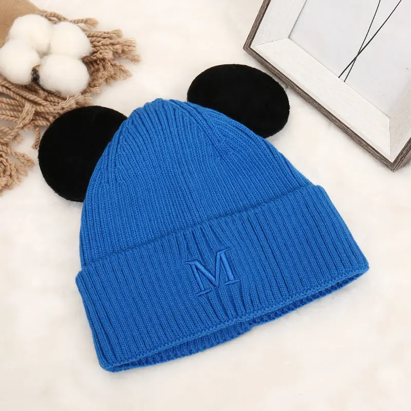 2022 new cartoon cute ear wool hat M letter embroidery knitted hat autumn and winter double-layer thickened warm hat