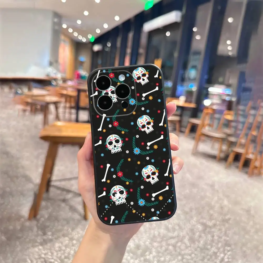 Funda de teléfono con patrón del Día de D-Dead para iPhone 17 16 15 14 13 12 Max Plus, funda negra de silicona