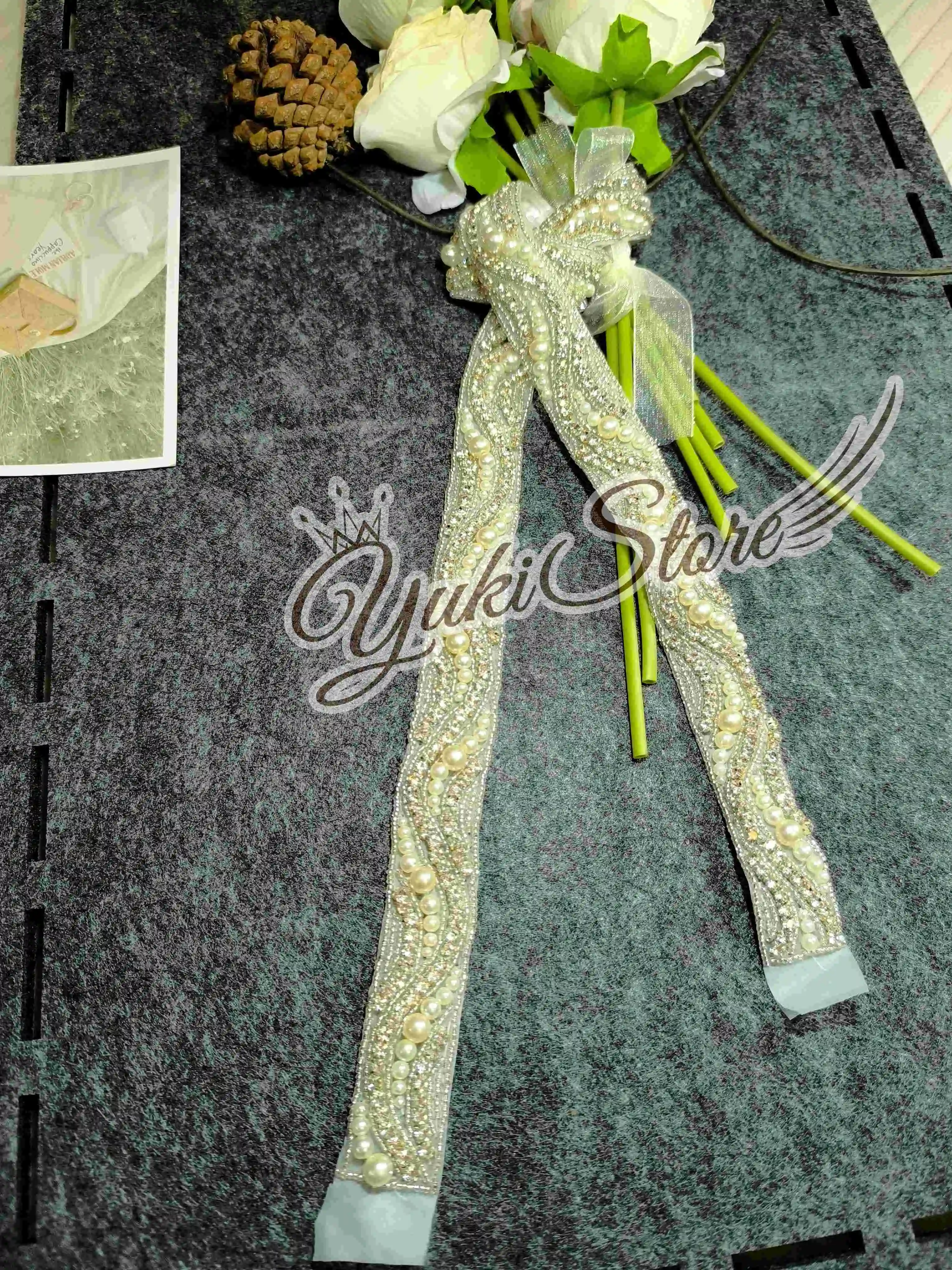 Long Silver Small appliques Heavy bead 3d flower lace applique floral pearls embroidery bridal lace patch YK028