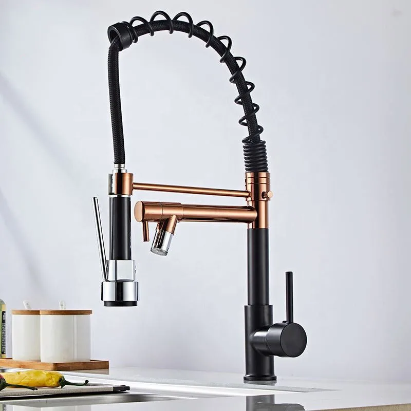 Double-purpose black gold spring kitchen faucet pull-type multi-function pressurized rotating vegetable basin sink faucet