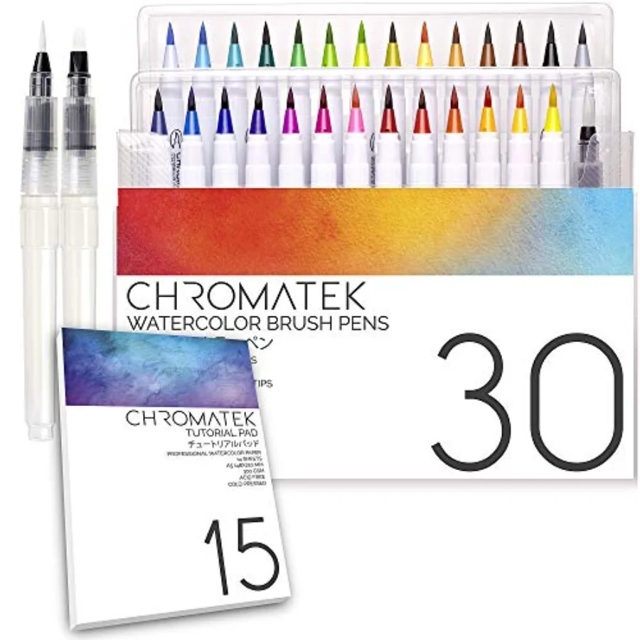 

30 Watercolor Brush Pens 15 Page Tutorial Pad and Online Video Series Brush Tips Vivid, Blendable Professional Artist Quality 2