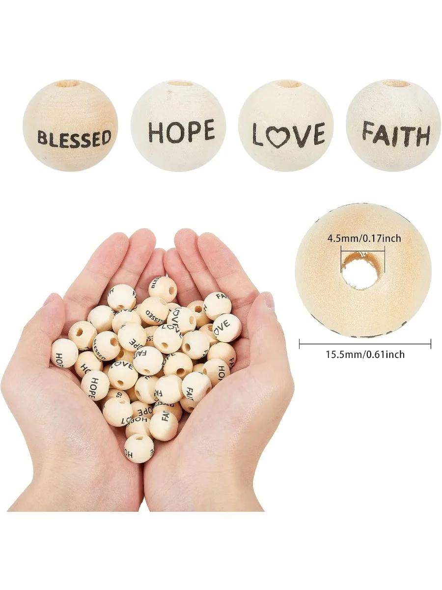 120Pcs 4 Styles Words Wooden Beads 15mm Greeting Words Wooden Beads Letter Large Hole Round Bead Spacer Loose Bead Blessed