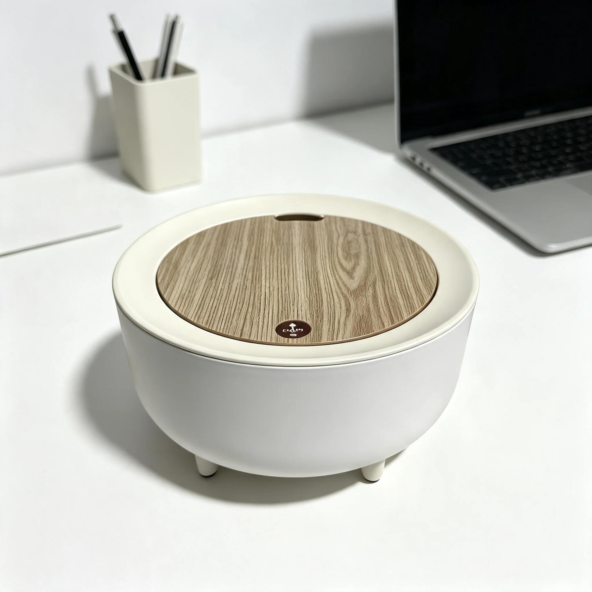 Round Press‑Top Desktop Trash Can,Wood Grain Lid Mini Table Waste Bin with Non‑Slip Feet,Detachable Garbage Bucket for Vanity Desk Bedroom Office