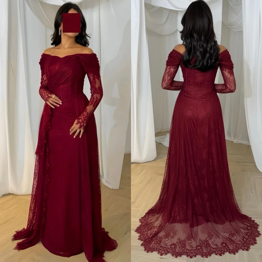 

Индивидуальные современные стильные формальные трикотажные кружевные рюши прямые длинные платья с открытыми плечами на заказ платья для особых случаев высокого качества