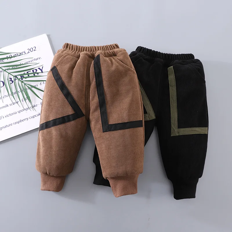 

Toddler Boys Warm Winter Casual Daily Wear 1-6Y Child Pants Cotton Corduroy Thickened Pants Color Block Stitching Cuffed Ankles