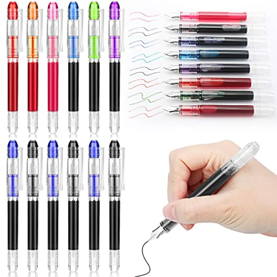 

12 Pieces Disposable Fountain Pens, Quick-Drying Ink Pen, Smooth-Writing Multicolor Art Supplies for Sketching, Journaling, Cal