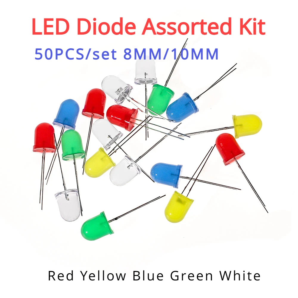 50pcs 8mm/10mm LED Diodes 1.8-3.2V Assorted Kit White Green Red Blue Yellow Super Bright Active Light Emitting Diode Electronics