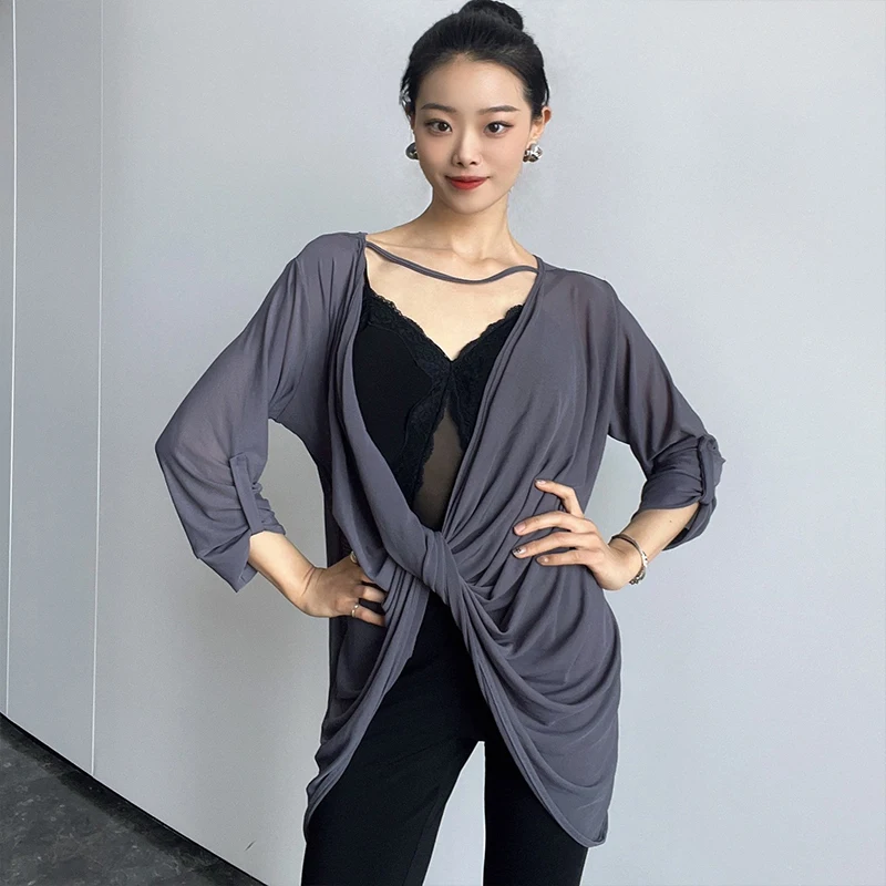 Strój do tańca latynoamerykańskiego dla dorosłych, damski, szary top treningowy, luźny, siateczkowy fartuch do latynoamerykańskich tańców, tango, cha-chy, rumby, taniec w linie, VBH2167