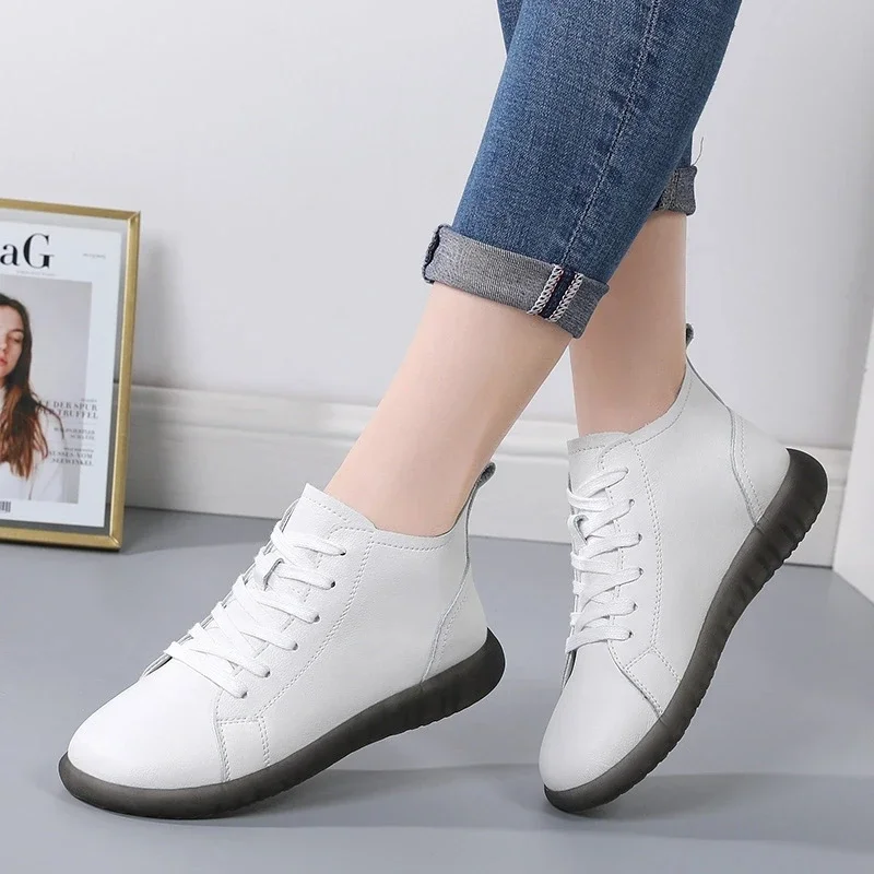 Genuine Leather Spring Women Sport Flats for Ladies Casual White Sneakers High Gang Shoes Woman Soft Bottom Cross-tied Footwear