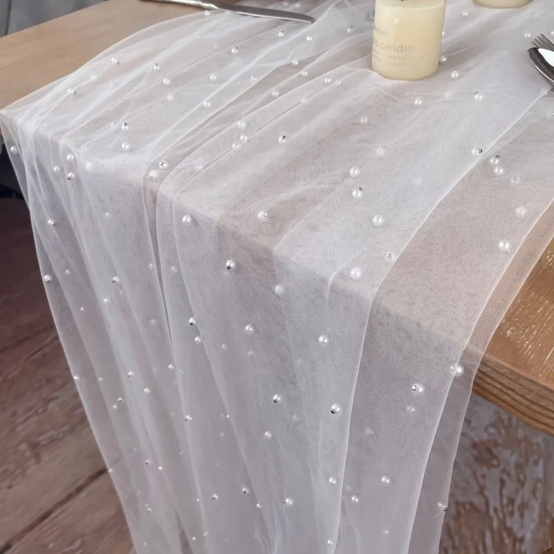 White Pearl Tulle Table Runner, Wedding Tablecloth for Baby Shower Birthday Party Backdrop Wedding Headscarf, DIY Design Decor