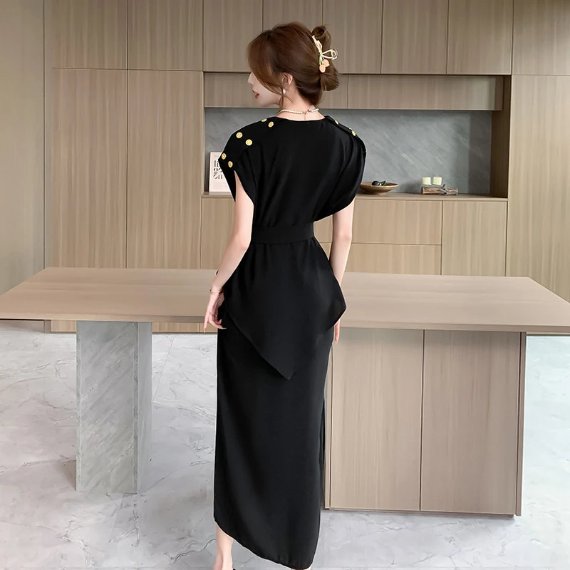 New Elegant Chic Women V Neck Black Midi Dress 2024 Fashion Summer Short Sleeve Irregular Split Ladies Office Belt Long Vestidos