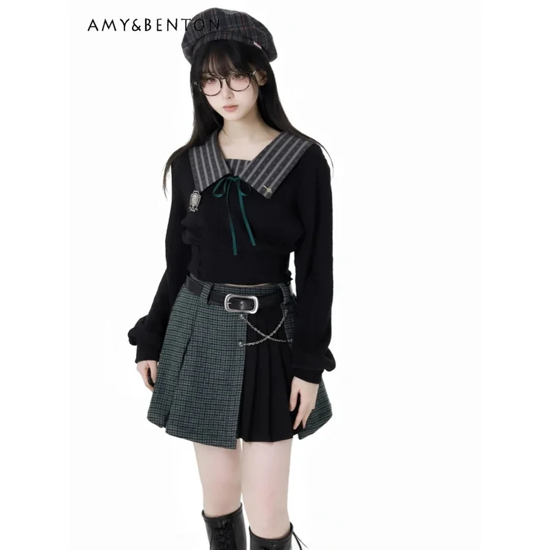 

25COSPreppy Style Black Woolen Shawl Jacket Belt Slim Splicing Color Woolen Pleated Skirt Two-piece Set Women Slim Retro Skirt W