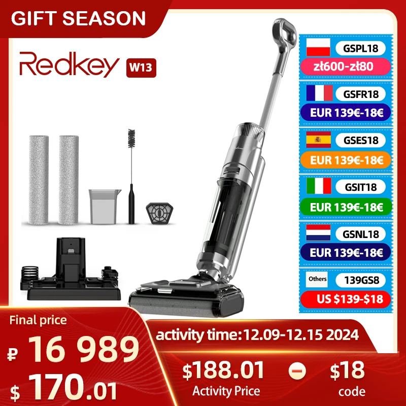 BTES20（ 149€-20€）Redkey-aspiradora inalámbrica W13 para el hogar, aspiradora multisuperficie, mopa inalámbrica inteligente, lavadora de suelo,