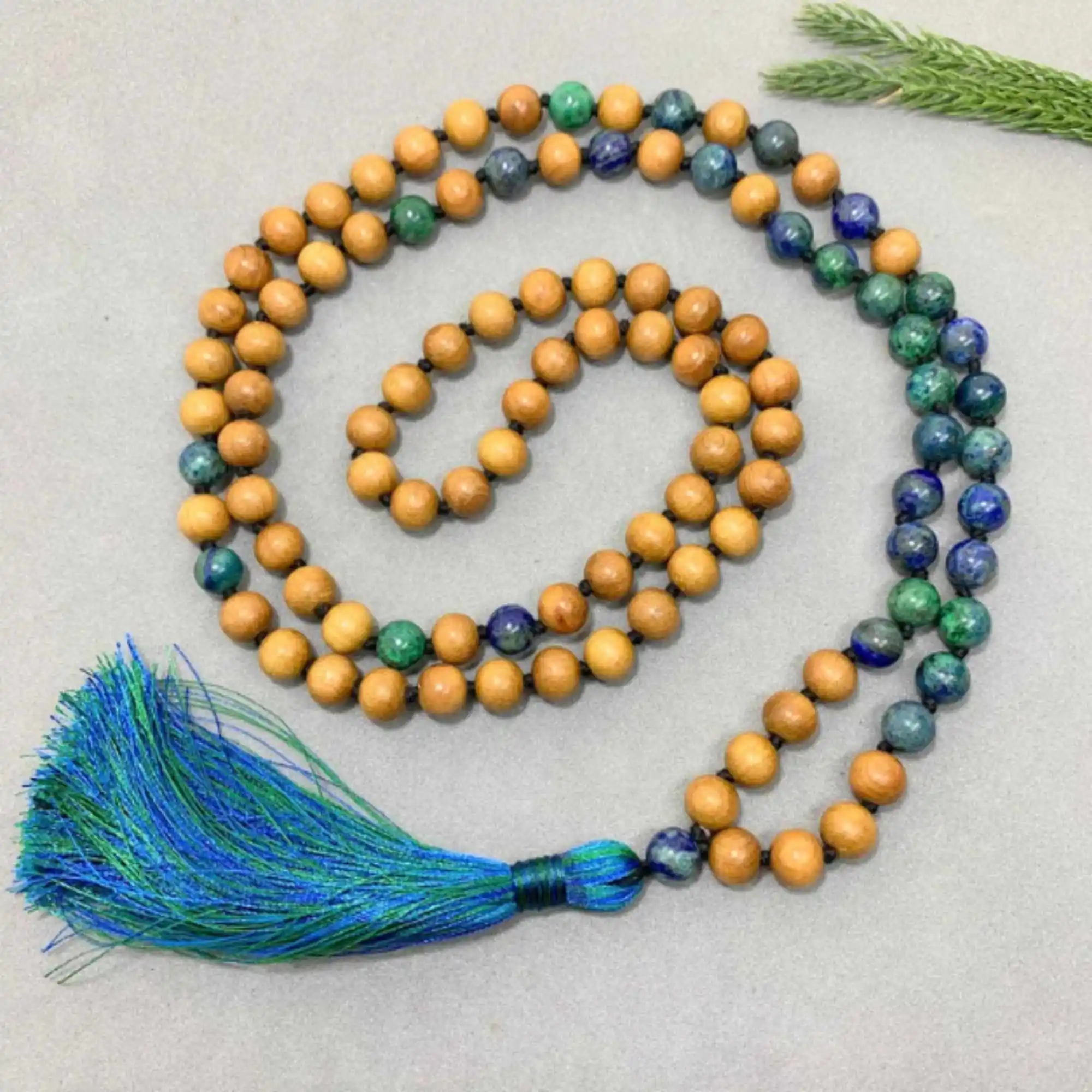 

8mm Natural knot Rudraksha Azurite gemstone beads necklace Bohemia Gift Blessing Yoga Mala Jasper Prayer