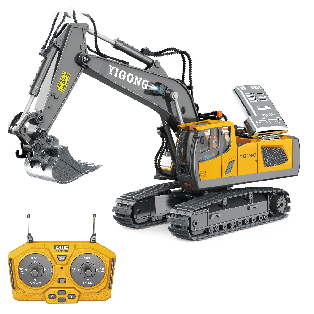 Remote Control Excavator Toy Alloy Bucket RC Construction Vehicle With LED Light USB Rechargeable Tracked Engineering Digger