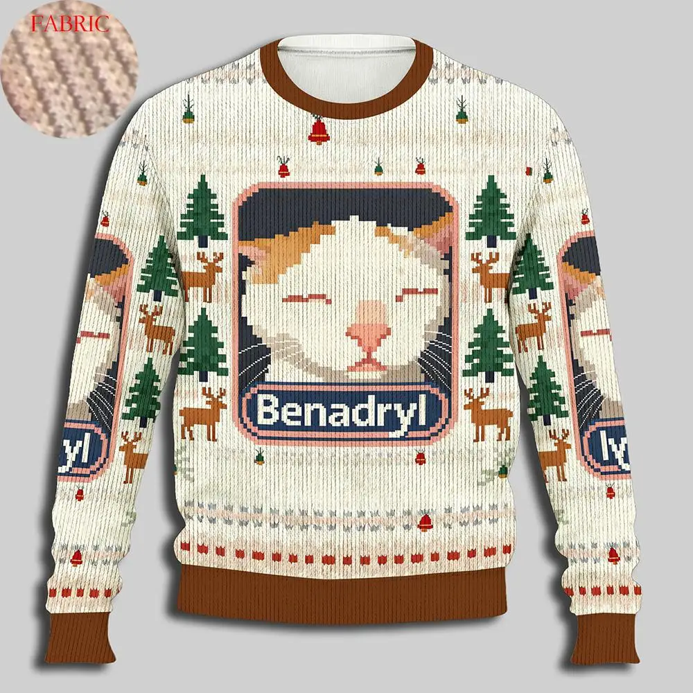 

Funny Benadryl Emoji Cat Print Ugly Sweater Street Style Warm Casual Knit Pullover Unisex New Year Christmas Holiday Gift Jersey