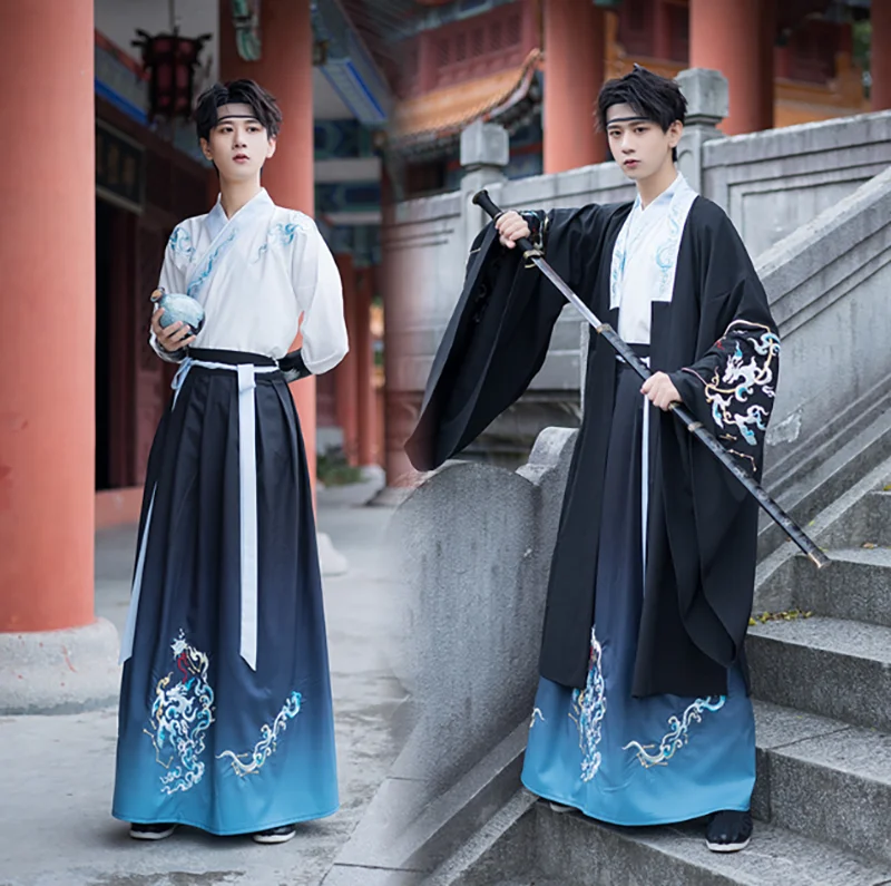 

Large Size 6XL Ancient Chinese Hanfu Men Carnival Cosplay Costume Embroidered Hanfu Gradient Black&Blue Sets For Men Plus Size