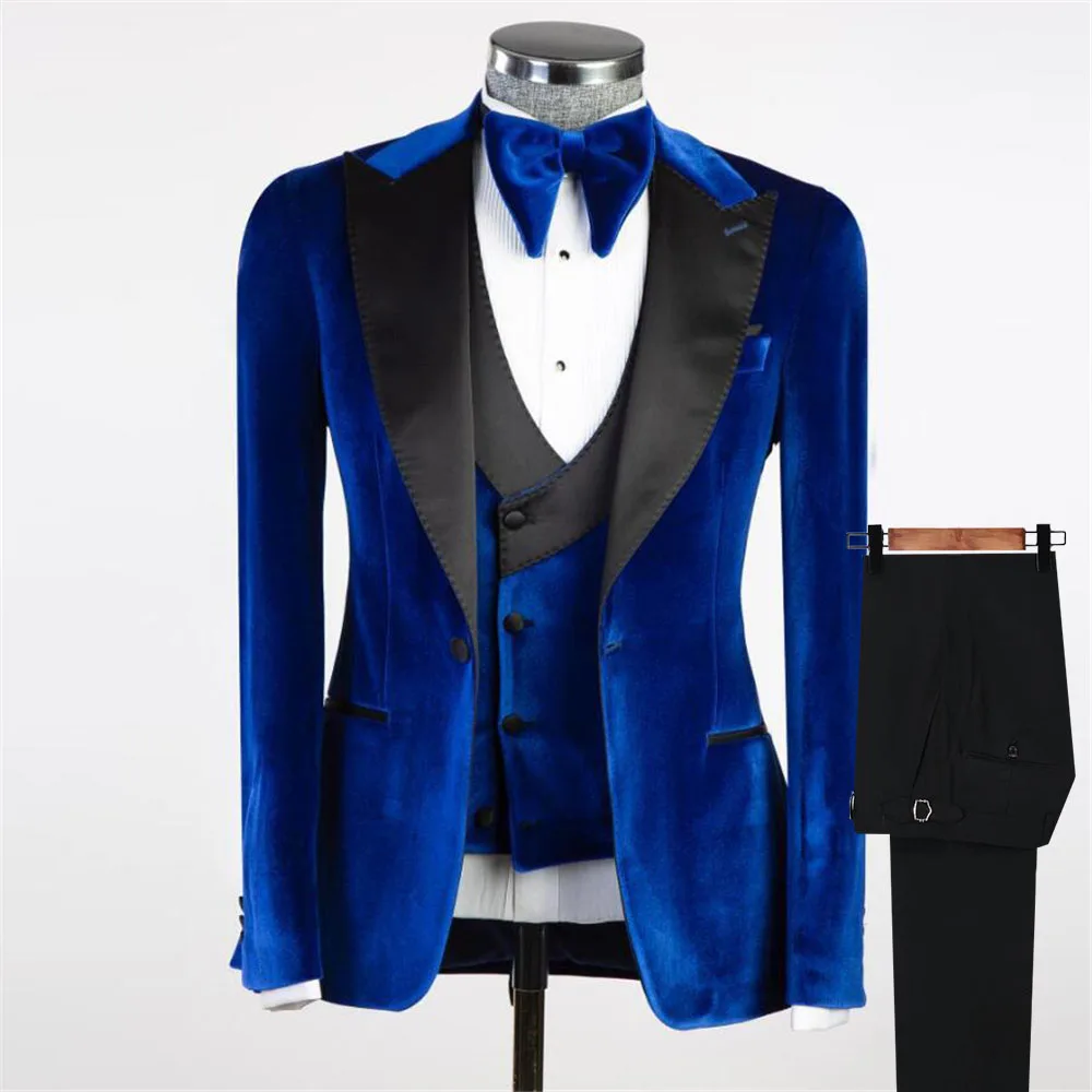 

Royal Blue Mens Suits Formal Party Black Satin Lapel Velvet Blazer Pants Sets Groom Wedding Tuxedos Plus Size Male Fashion Dress