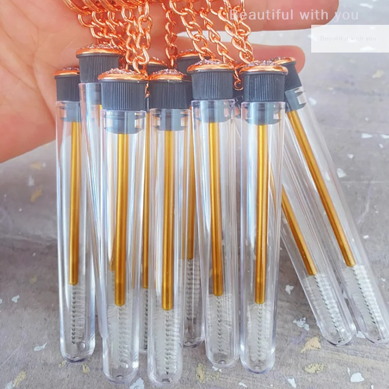 

Gold Reusable Eyelash Brush Tube Keychain Plastic Lash Spoolie Container Glitter Cils Mascara Wands Keyring