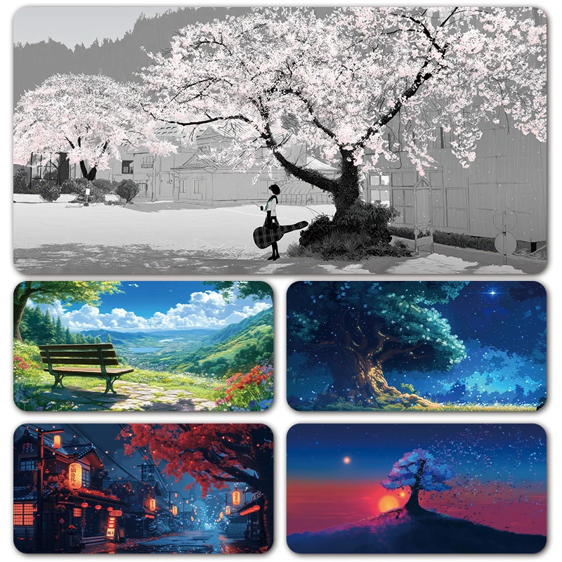 Japanese minimalist natural cherry blossoms architecture style Cute Cartoon Desk Mat Locking Edge Mouse Mat