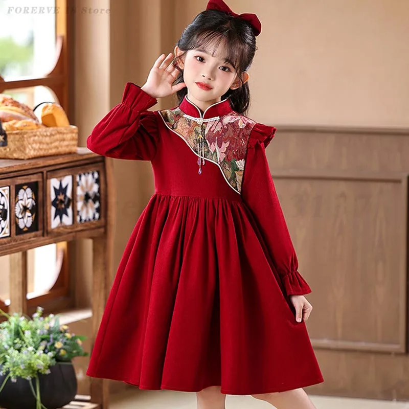 

Красное платье для девочек, детское осенне-зимнее платье принцессы, китайский весенний фестиваль, новогоднее платье Cheongsam для дня рождения, Qipao