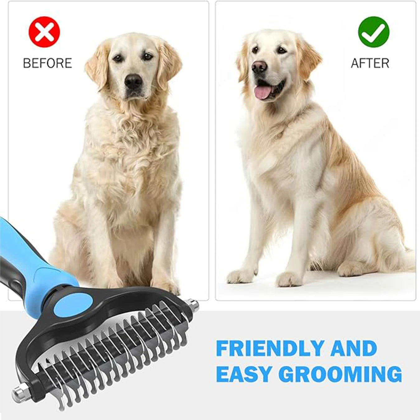 Pet Grooming Tools - Double-Sided Undercoat Comb for Cats and Dogs - Safe Detangling Comb, Easily Removes Tangles Large