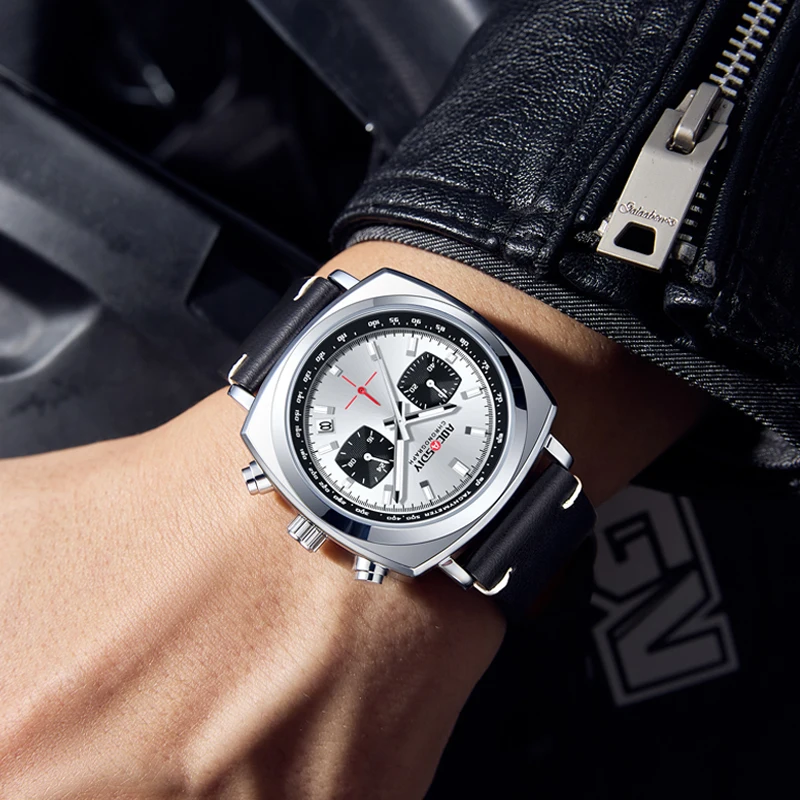 Aocasdiy-男性用の多機能スクエアウォッチ,3つの目,6つのピン,革,レジャー,新しいファッション