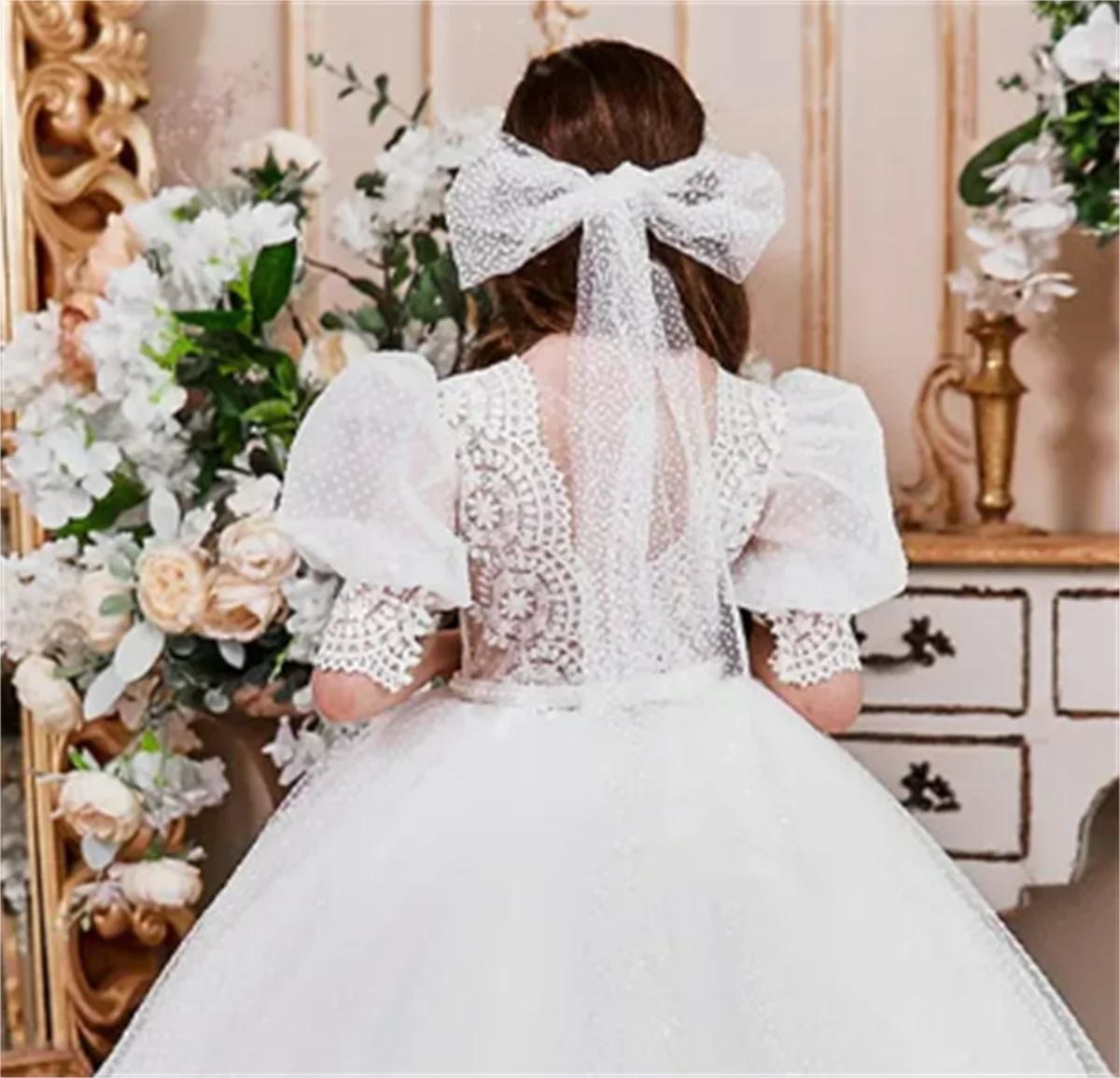 Robe à Fleurs en Tulle et Dentelle pour Fille, Tenue de Mariage Élégante, Couleur Blanche, pour ixd'Anniversaire, pour Enfant