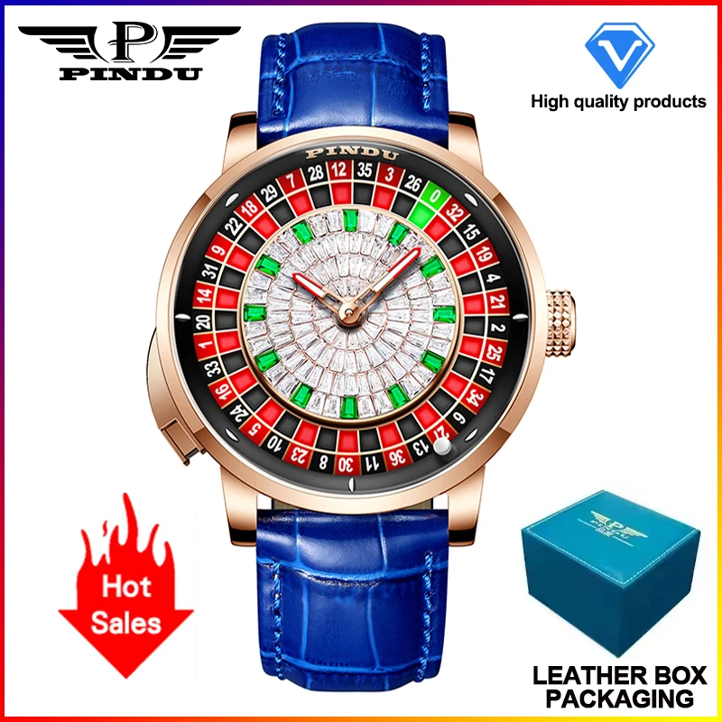 PINDU Design Nieuwe Drukknop Draai Russische Roulette Spel 46MM Mechanisch Herenhorloge NH35A Saffierglas Diamant Wijzerplaat Herenhorloge