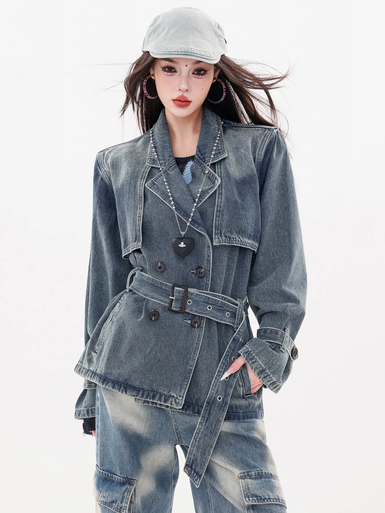 

Briti Sle Waist-Cinching Double-Breasted Casual Denim Jaet Women's Autumn Winter New Faion Loose Fit Ladies Coat