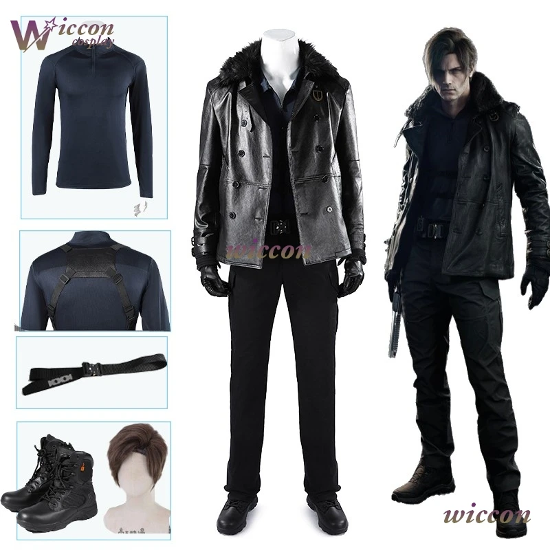 magcos Re9 REQ Leon Cosplay Peluca Evil Requiem Leon Reon Abrigo Gabardina Scott S. Kennedy Disfraces de Halloween Pantalones Zapatos