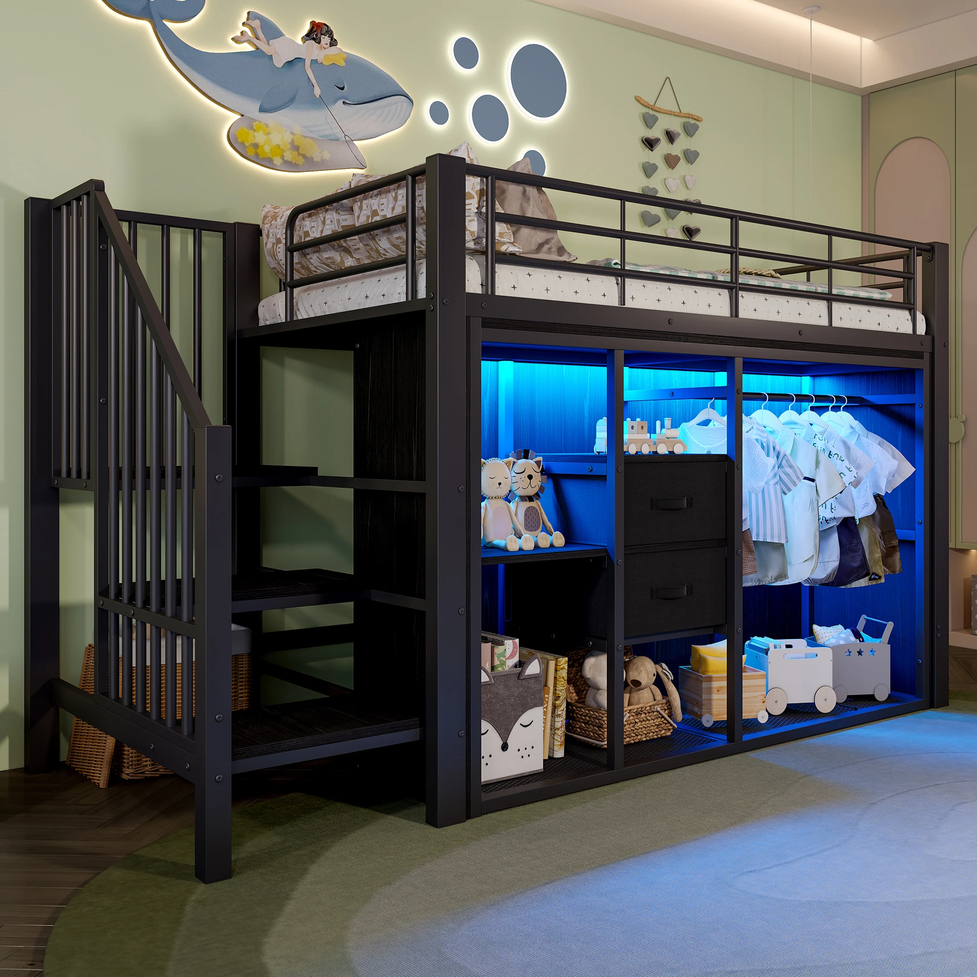 Lit mezzanine demi-hauteur avec 2 tiroirs, armoire ouverte, éclairage LED multicolore contrôlé par application, multiples étagères de rangement, aucun matelas nécessaire, noir