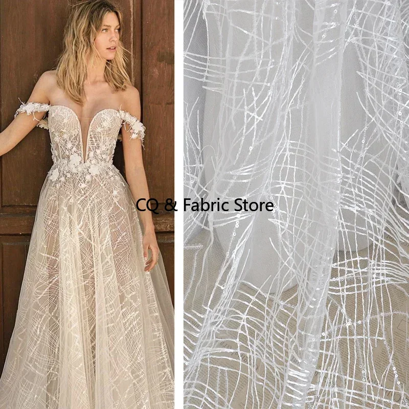 

Белая хаотическая сетка с блестками и вышивкой, кружевная ткань для юбки, свадебного платья по метрам