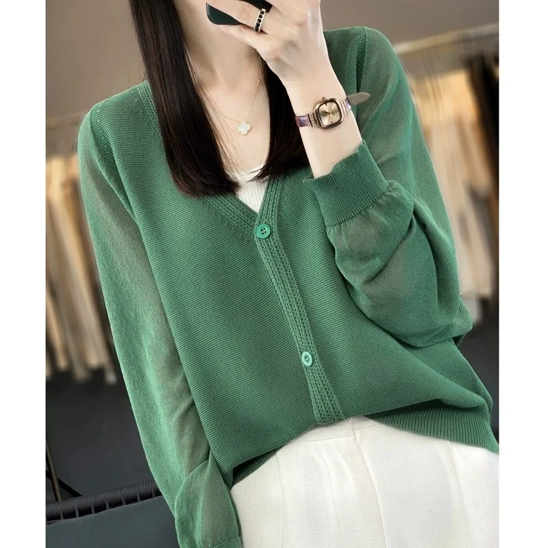 

Ice Silk V-Ne Loose Knitted Open Cardigan Women's Summer Thin Versatile Air Conditioner irt 2025 New Color Blo Sunscree...