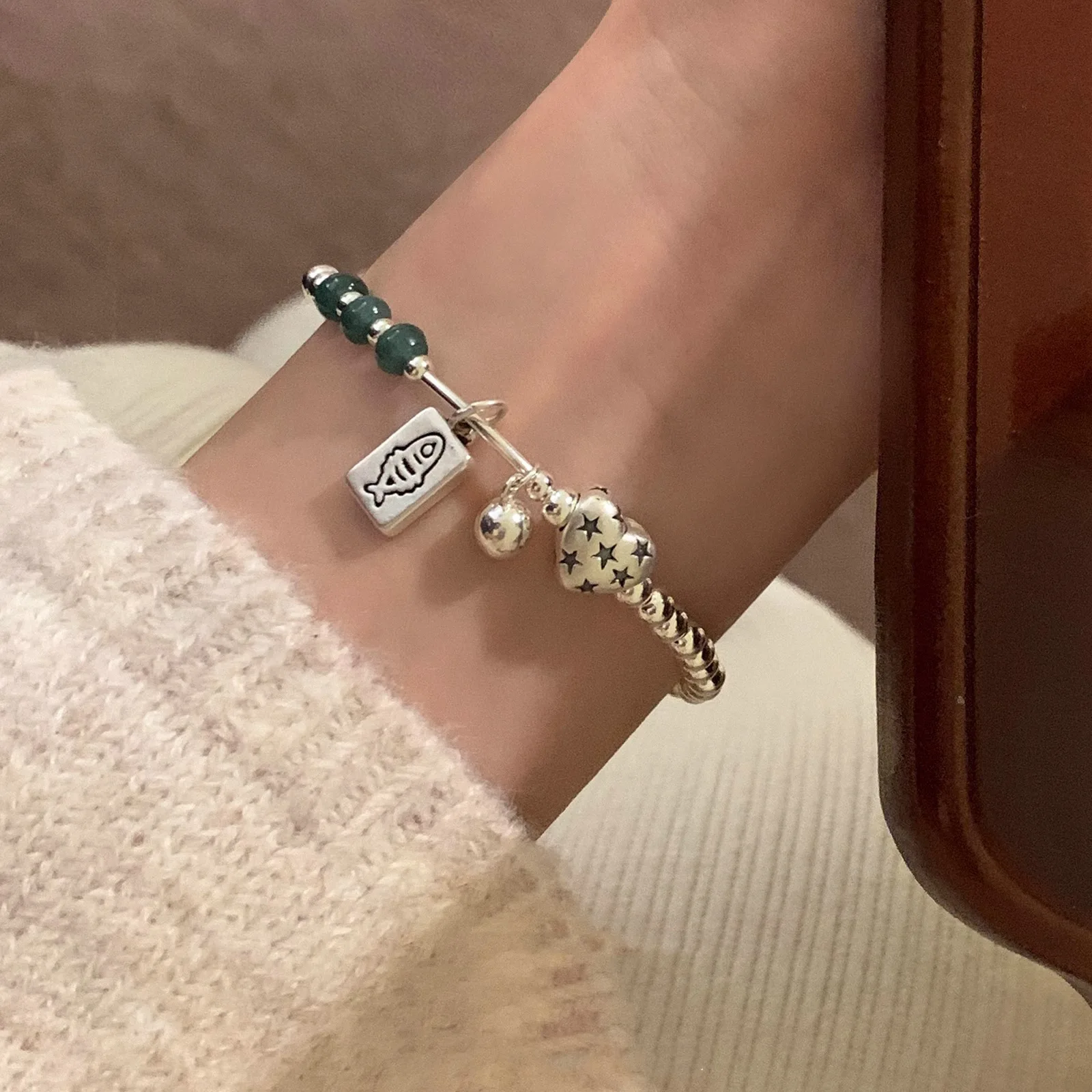 New Women Heavy‑Craft Luxury Niche Elastic Beaded Bracelet Fish Heart Star Charm Korean Style Hand Jewelry