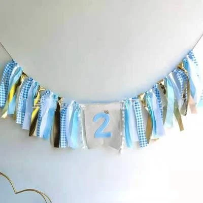 First Kids Birthday Party Highchair Garland 1 2 3  Light Blue Prince Backdrops Decoration Baby Shower Crown Highchair Banner