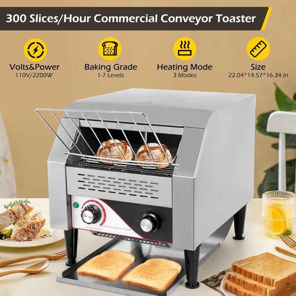 Commercial Toaster 300 Slices/Hour Stainless Steel Restaurant Toaster Conveyor 2200W Bagel Toasters Conveyor Belt Toasters