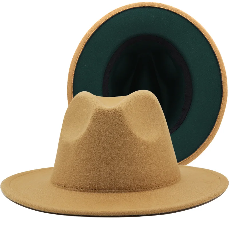 

New Tan green Patchwork Felt Jazz Hat Cap Men Women Flat Brim Wool Blend Fedora Hats Panama Trilby Vintage Hat