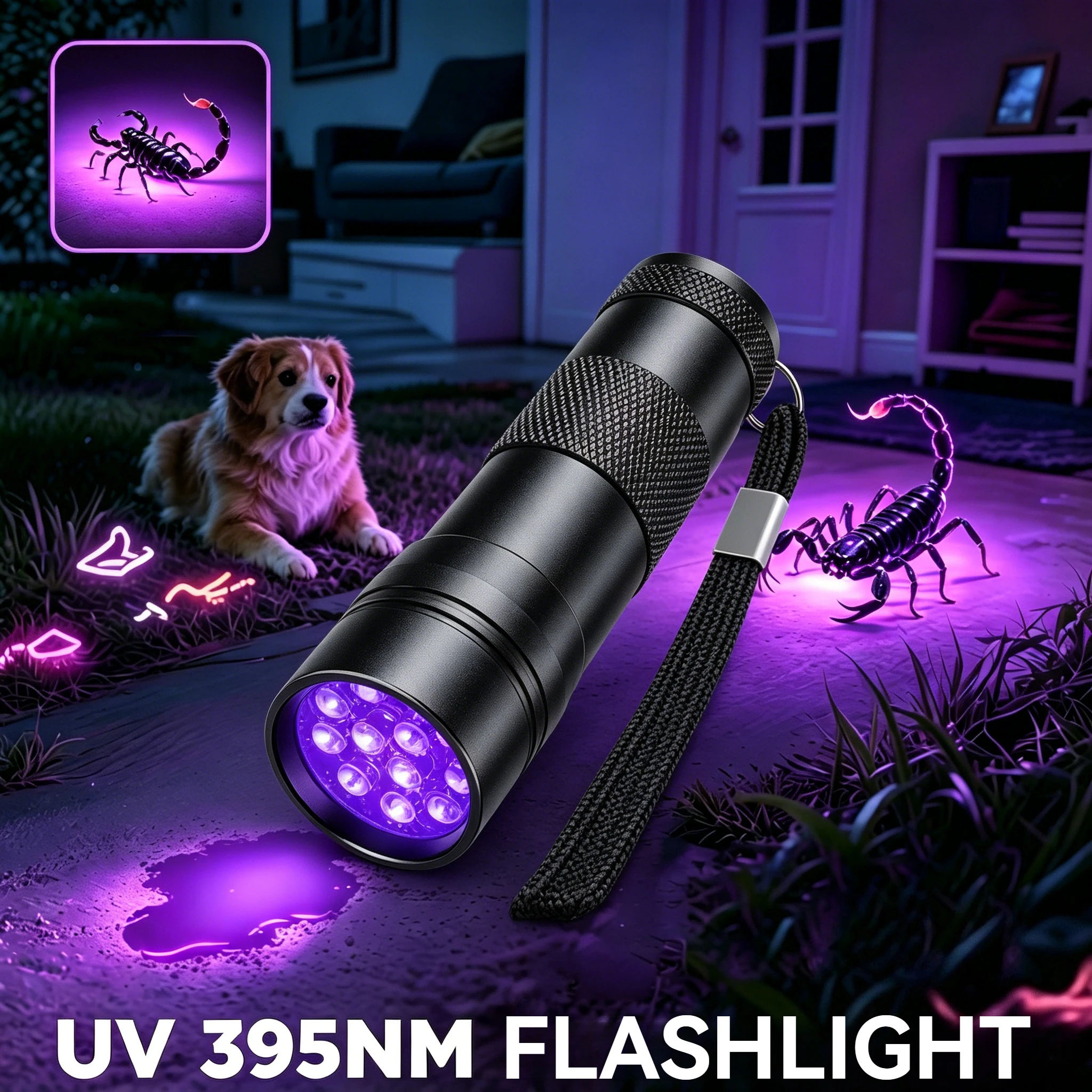 Linterna UV Portátil LED de 395nm, Linterna de Alta Intensidad, Linterna de Bolsillo para Buscar Orina de Perro, Manchas de Mascotas y Escorpiones