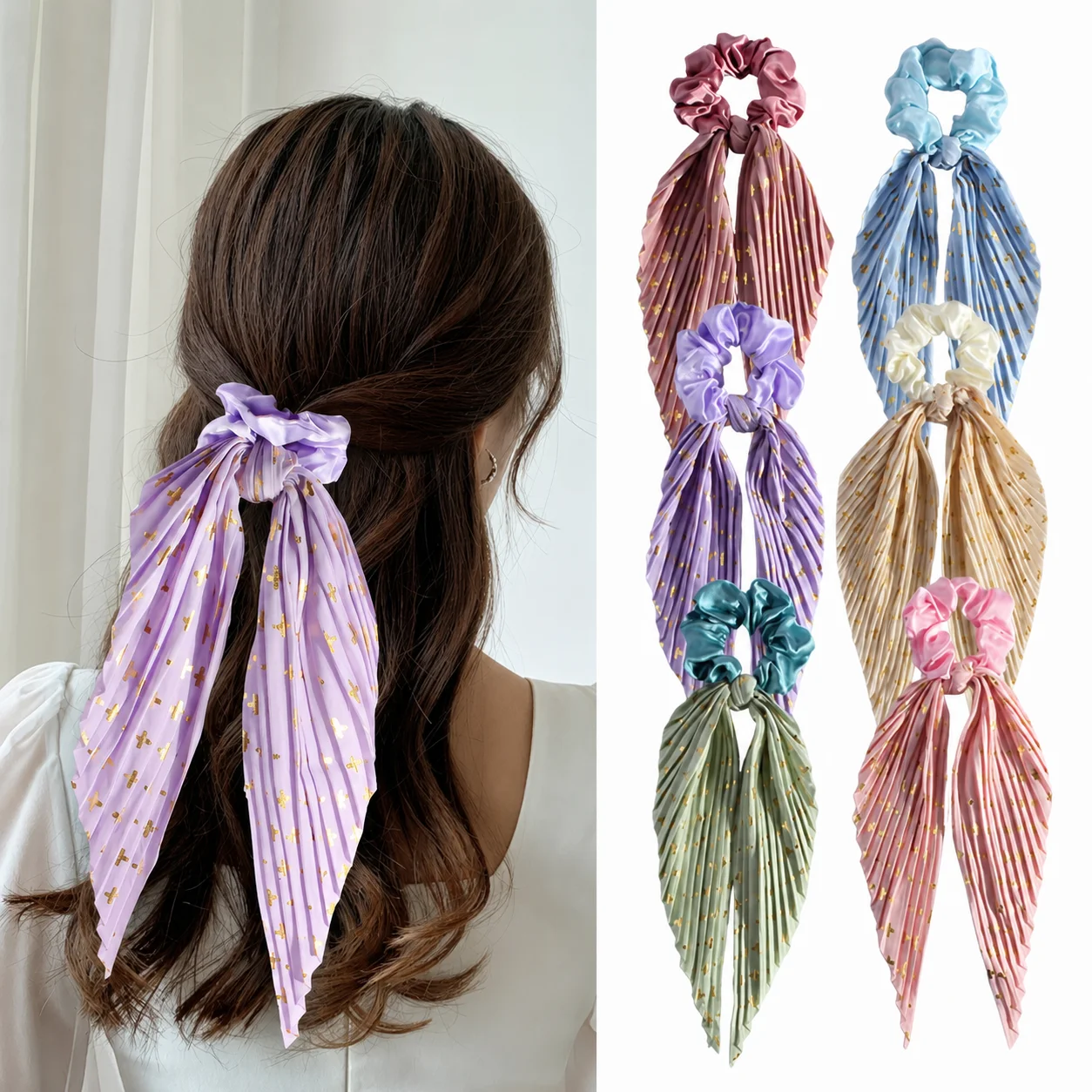 Long Tail Scarf Scrunchies Chiffon Pleated Hair Bands Shiny Star Cross Hair Ties Sweet Bow Ponytail Holder for Girls Daily Wear