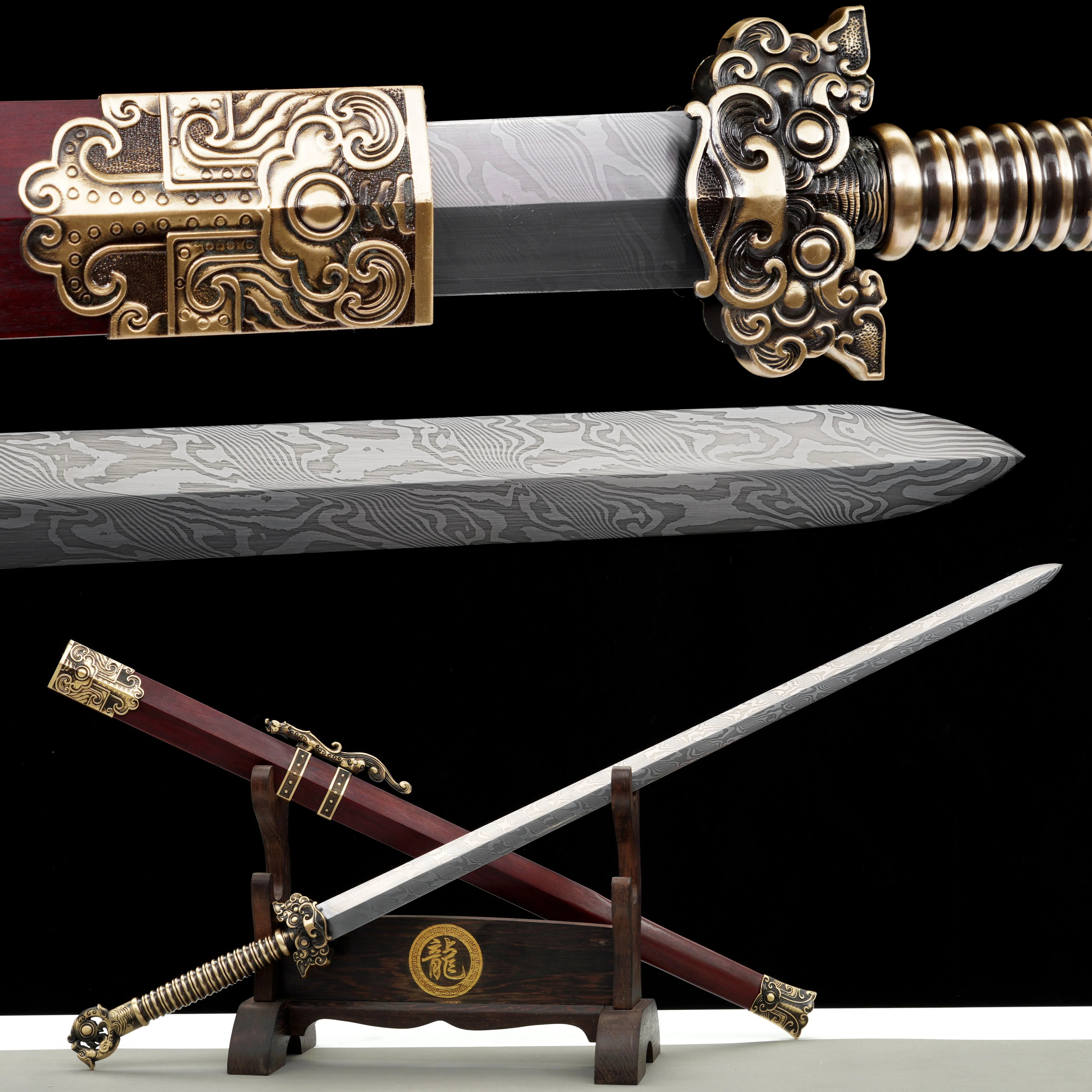 China Damascus steel - Folding sharp samurai sword katana weapons Copper handle wood sheath gift Battle ready full tang 108cm