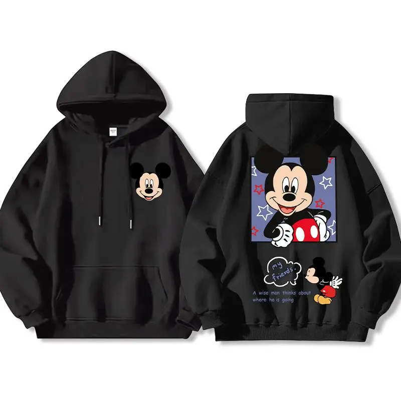 Sudadera con capucha blanca de Mickey Mouse para hombre y mujer, jersey de algodón de primavera 2025, diseño de marco cuadrado colorido, estrellas, texto de mis amigos, hombre sabio