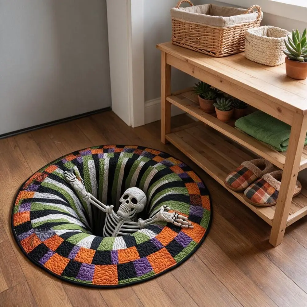 3D Visual Halloween Floor Mat Diatom Mud Round Skeleton Bathroom Mat Non Slip Spiral Optical Illusion Witch Kitchen Rug Entryway