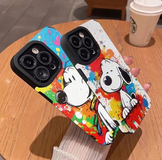 Luxury Painting Color Splash-ink Cute Snoopy Phone Case For iPhone 13 12 11 14 15 16Pro Max X XR Graffiti Snoopy Anti Fall Cover