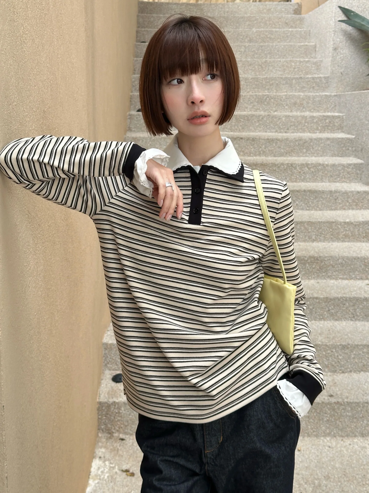 

Monkey Studio Camere irt Collar Long Sve Detachable Fake Two-Piece Ne Striped Women's Knitted Top Casual Sle